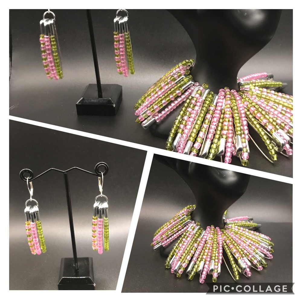 Safety Pin Fringe Stretch Bracelet & Earrings Set